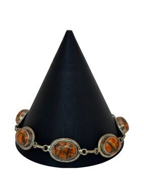 Vintage Silver Orange Bumblebee Jasper Cabochon Bracelet Toggle Clasp Southwest
